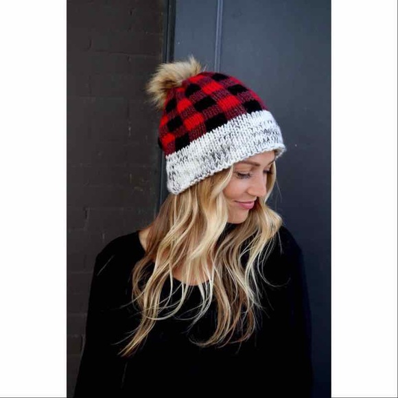 Hannah Beury Accessories - Red Buffalo Plaid Knit Hat with Pom Accent